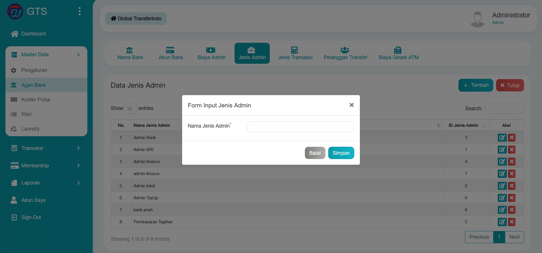 Input Jenis Admin