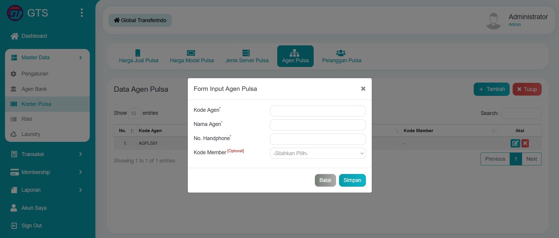 Input data agen pulsa