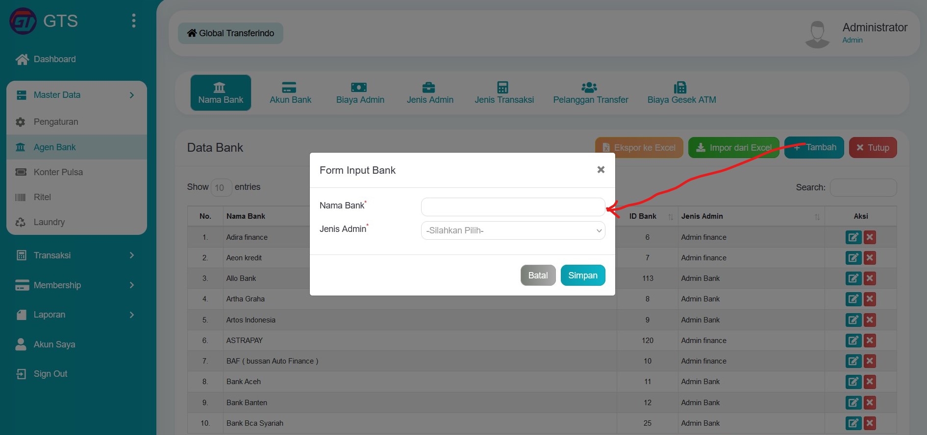 Input nama bank