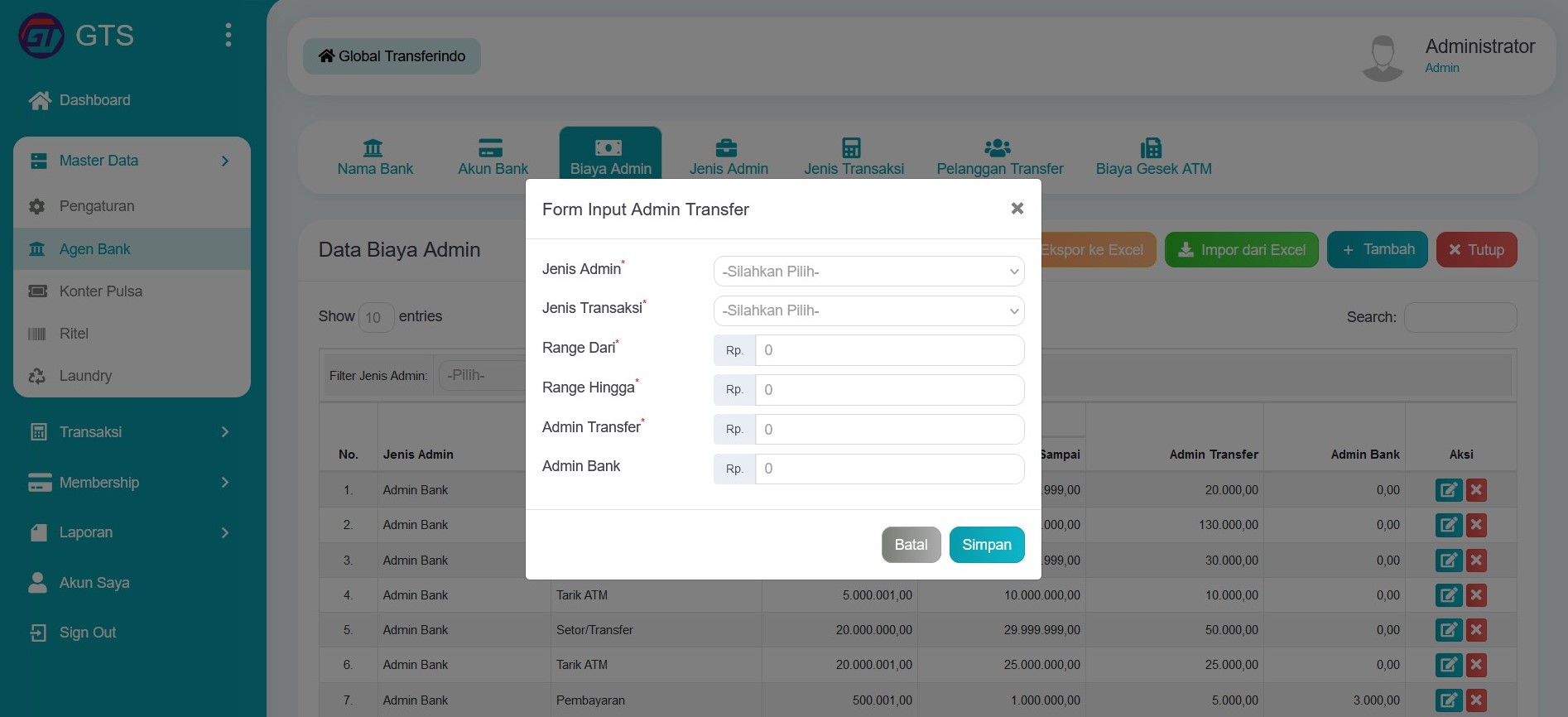 Input data biaya admin