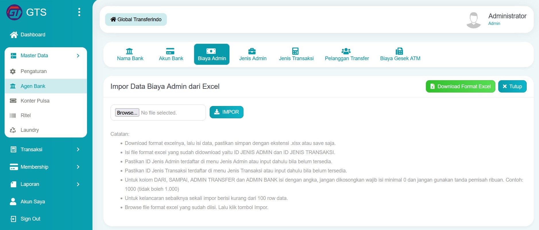 Impor data biaya admin