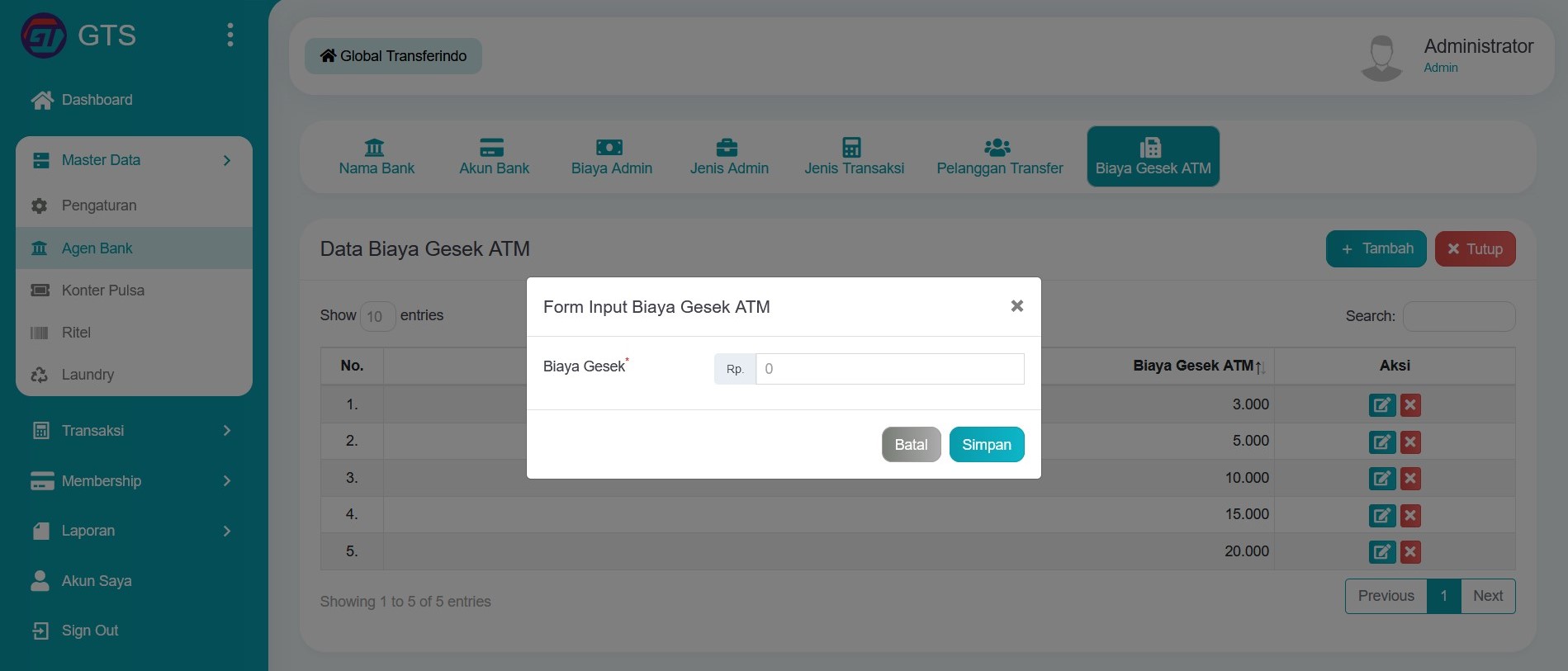 Input data biaya gesek ATM