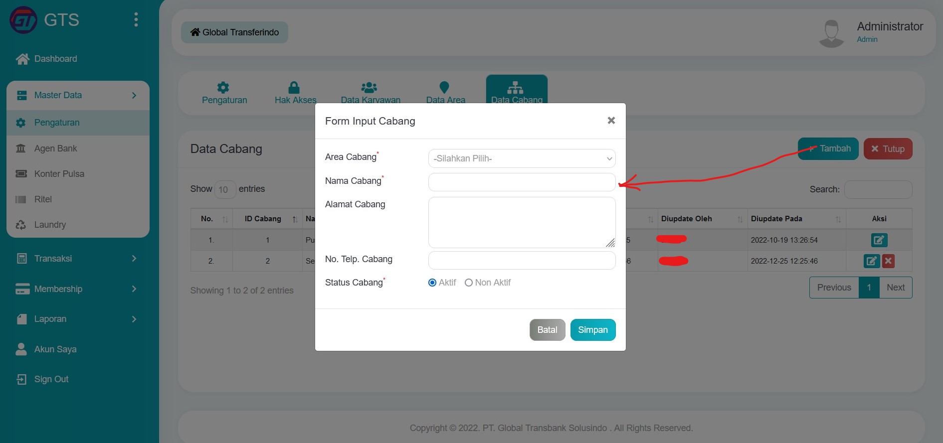 Input cabang
