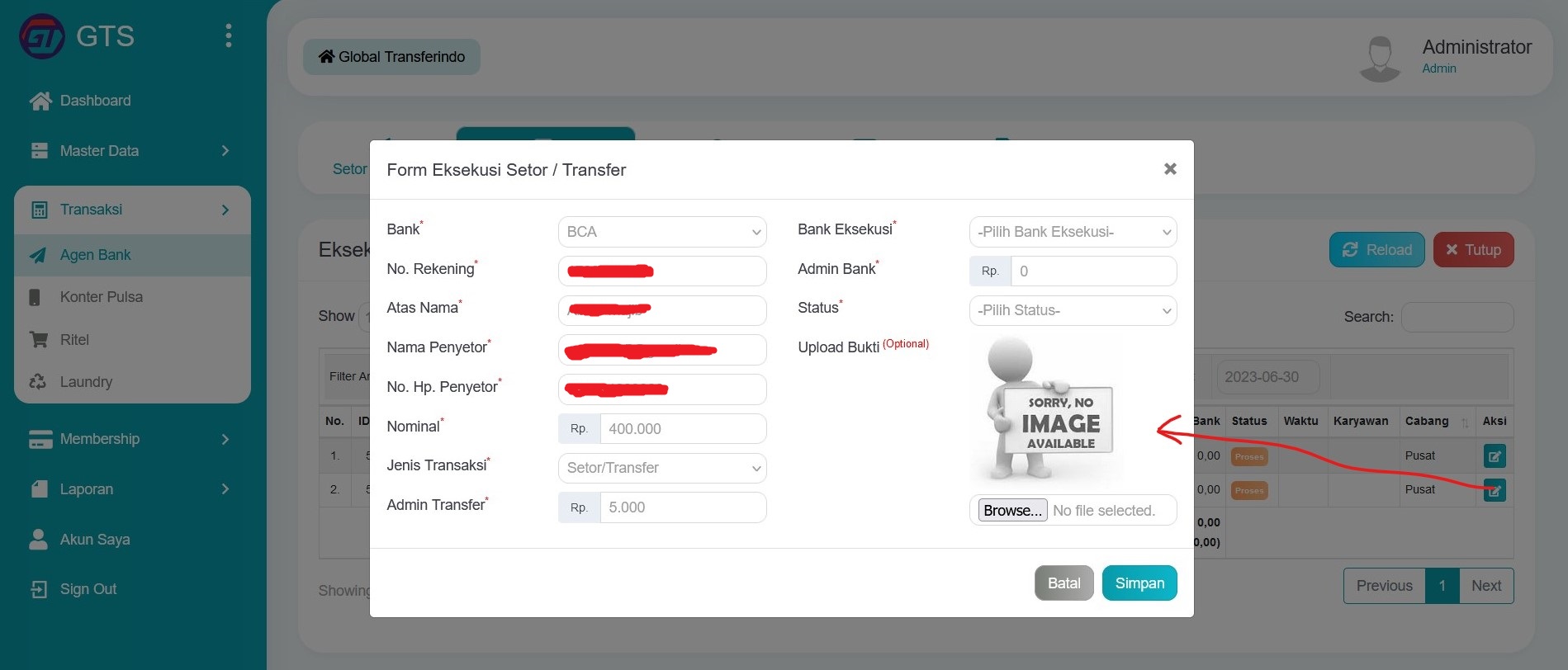Edit eksekusi setor atau transfer