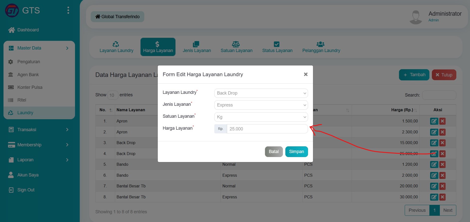 Edit harga layanan laundry
