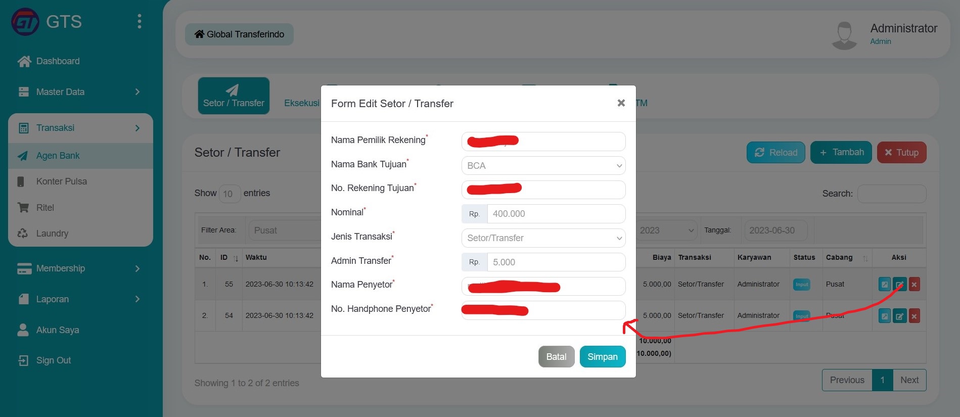 Edit setor atau transfer