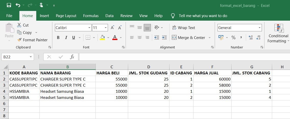 Format Excel impor data barang