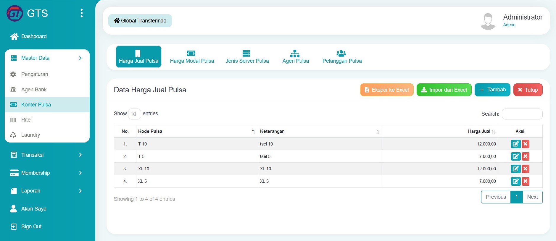 Data harga jual pulsa