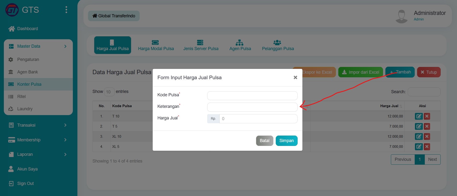 Input data harga jual pulsa