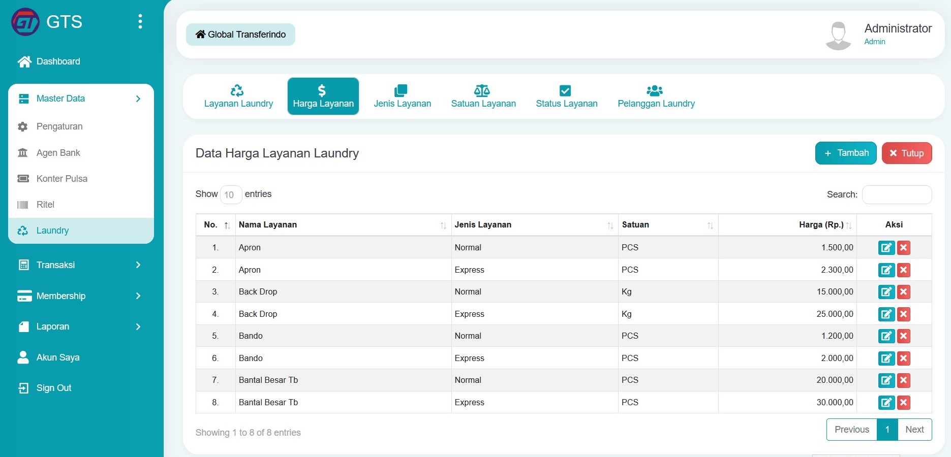 Data harga layanan laundry