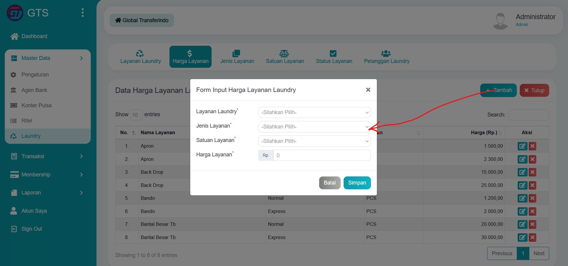 Input harga layanan laundry