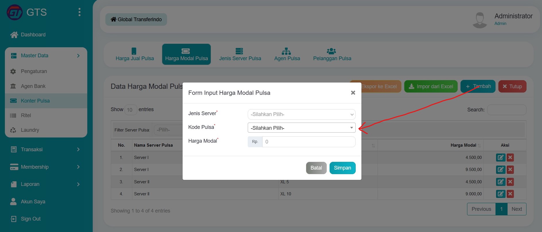 Input data harga modal pulsa