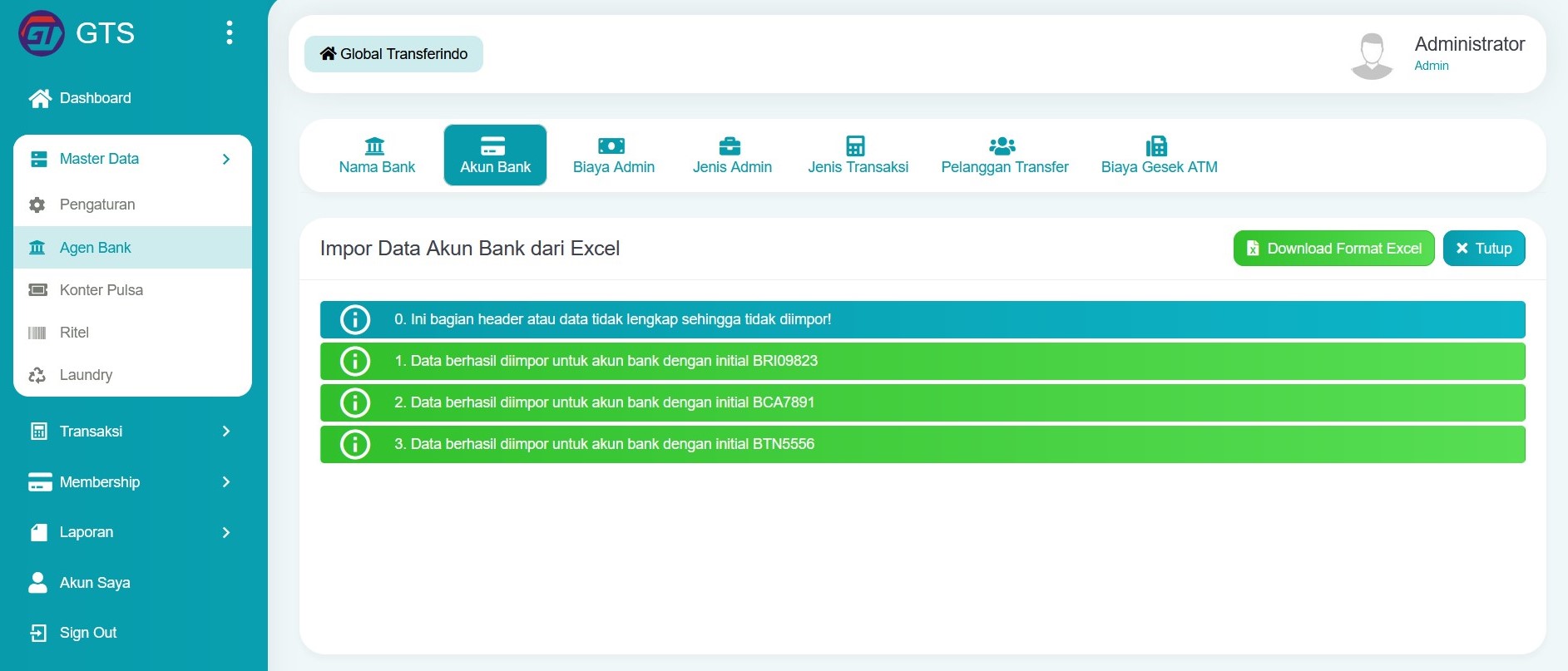 Informasi impor akun bank