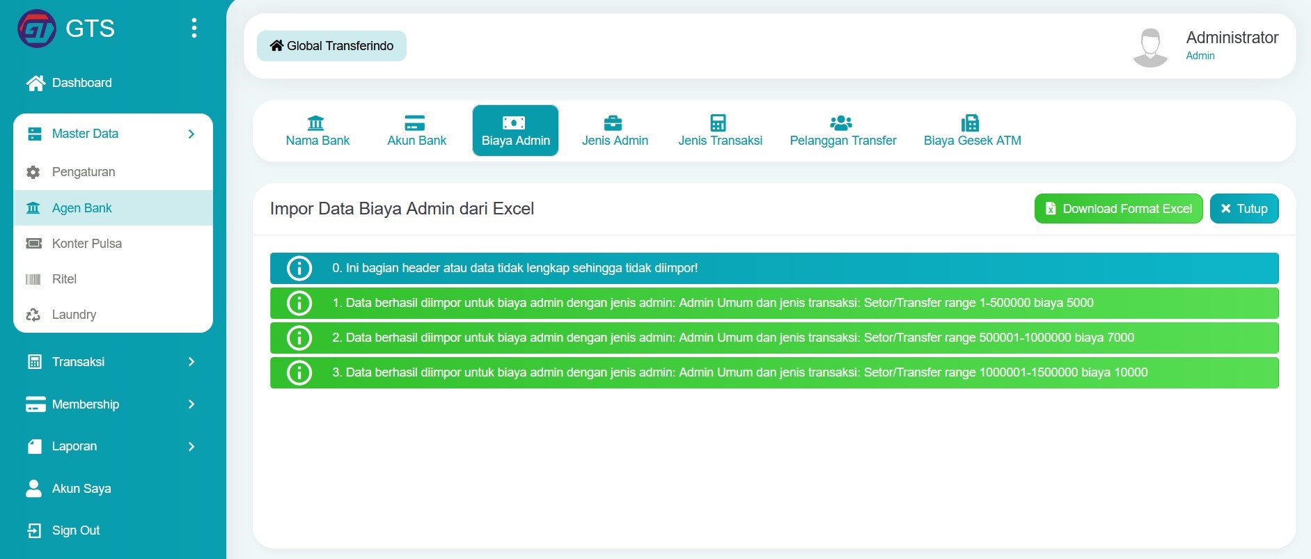 Hasil impor data biaya admin