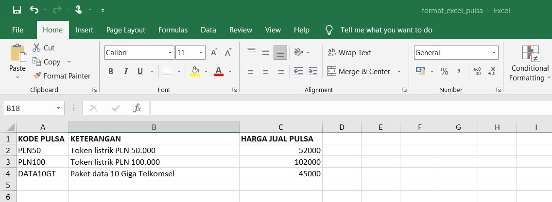 Format Excel harga jual pulsa