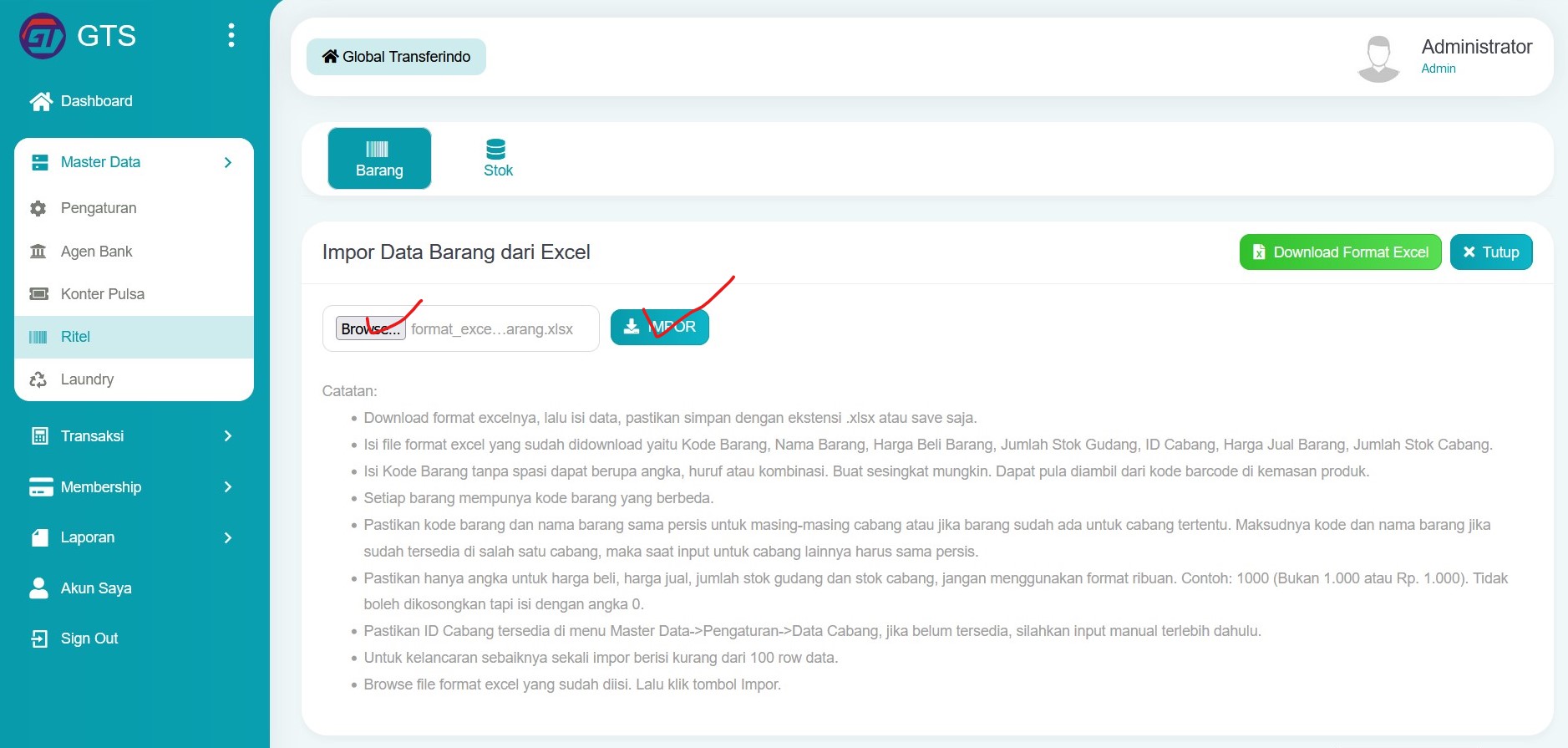 Impor data barang dari Excel