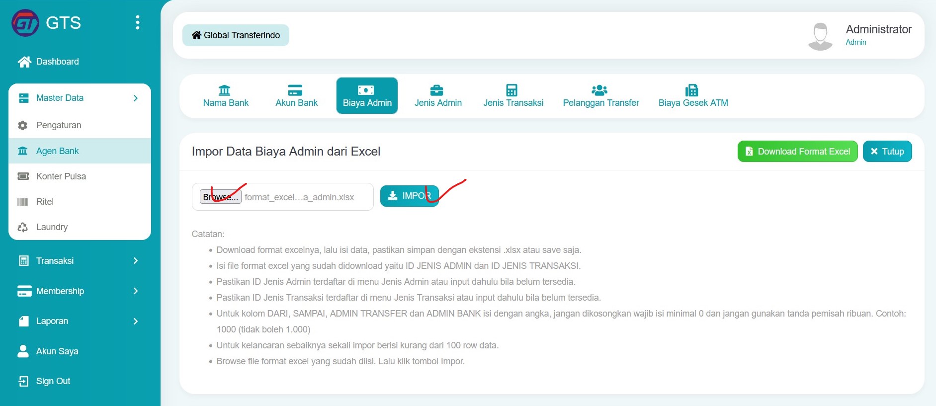 Import data biaya admin