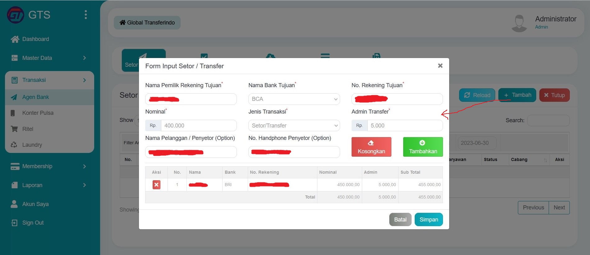 Input setor atau transfer