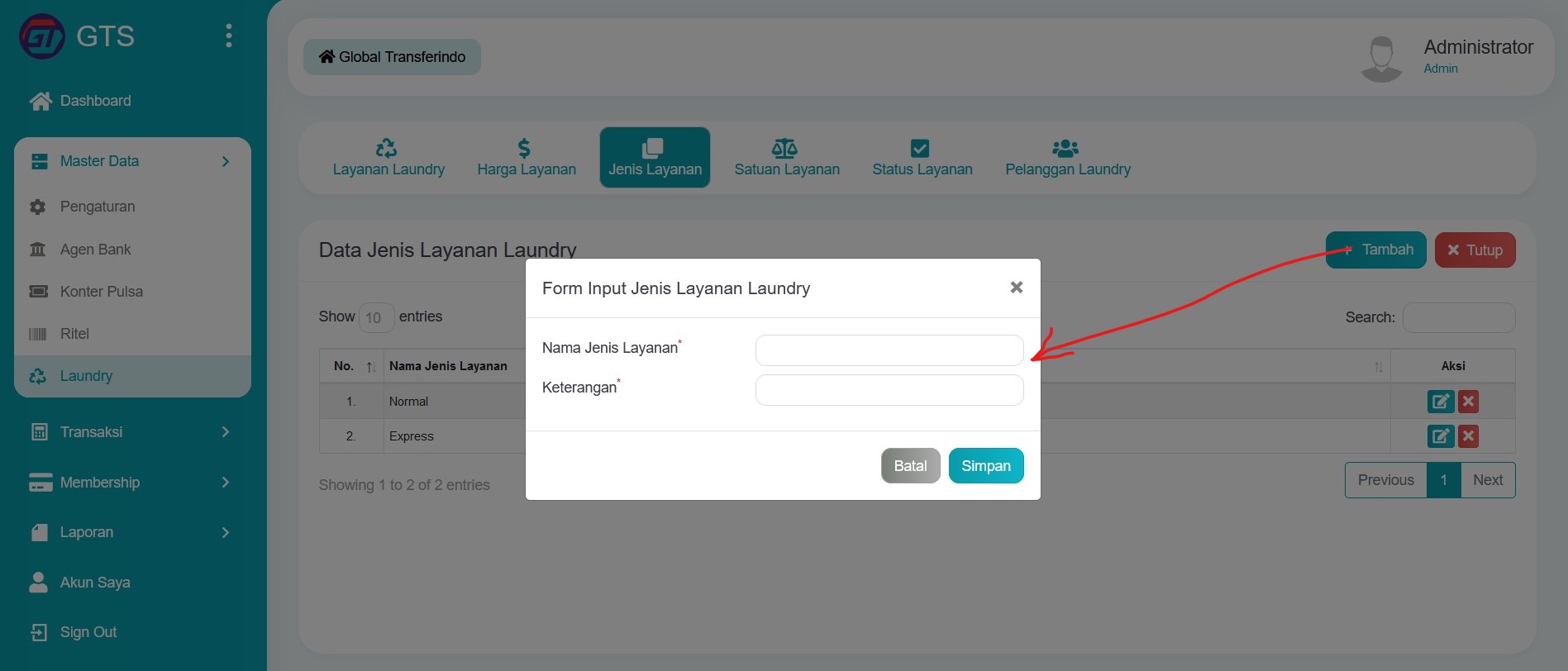 Input jenis layanan laundry