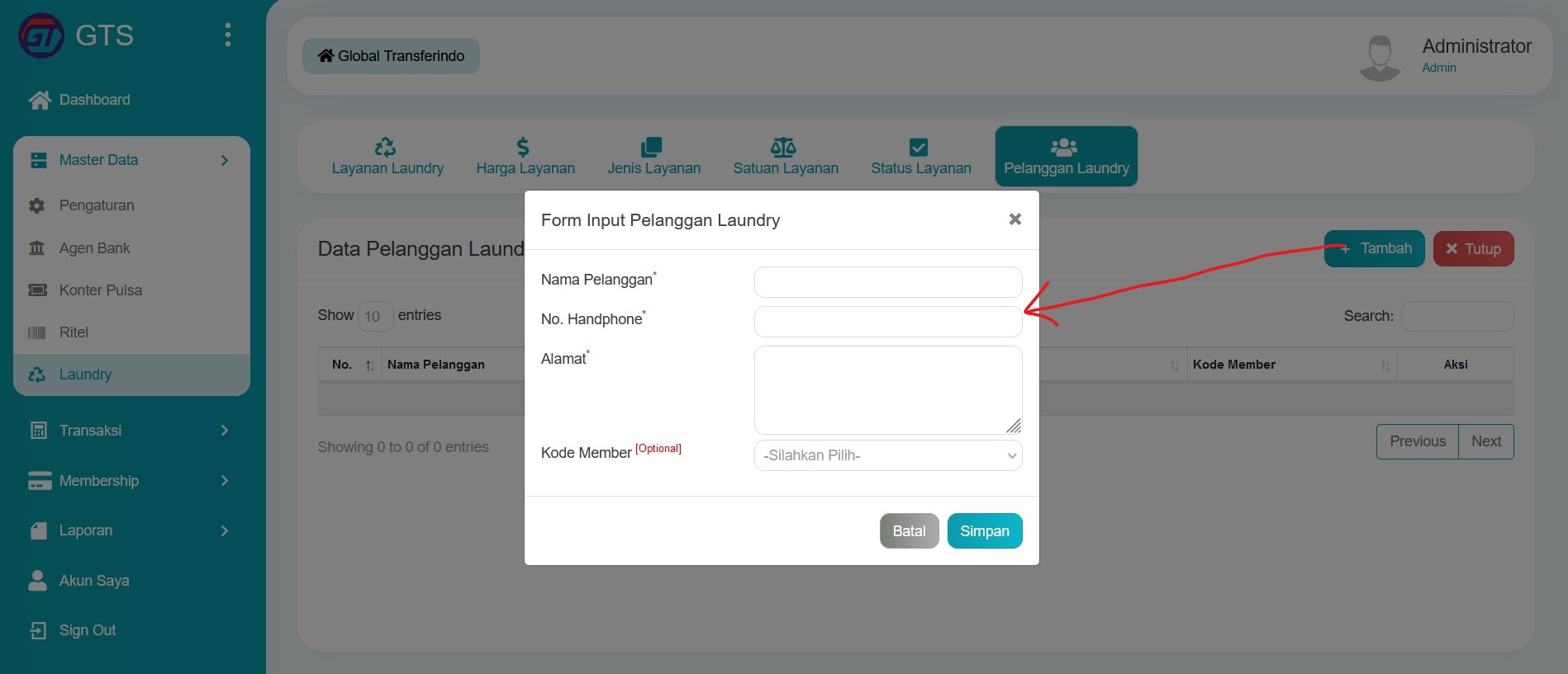 Input pelanggan laundry