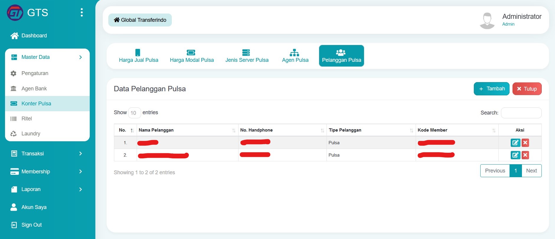 Data pelanggan pulsa