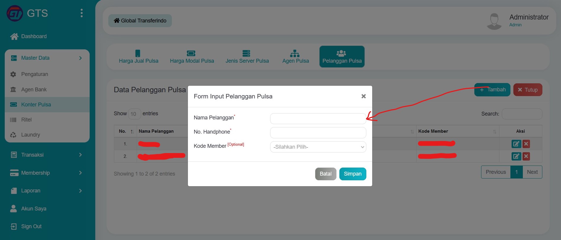 Input data pelanggan pulsa