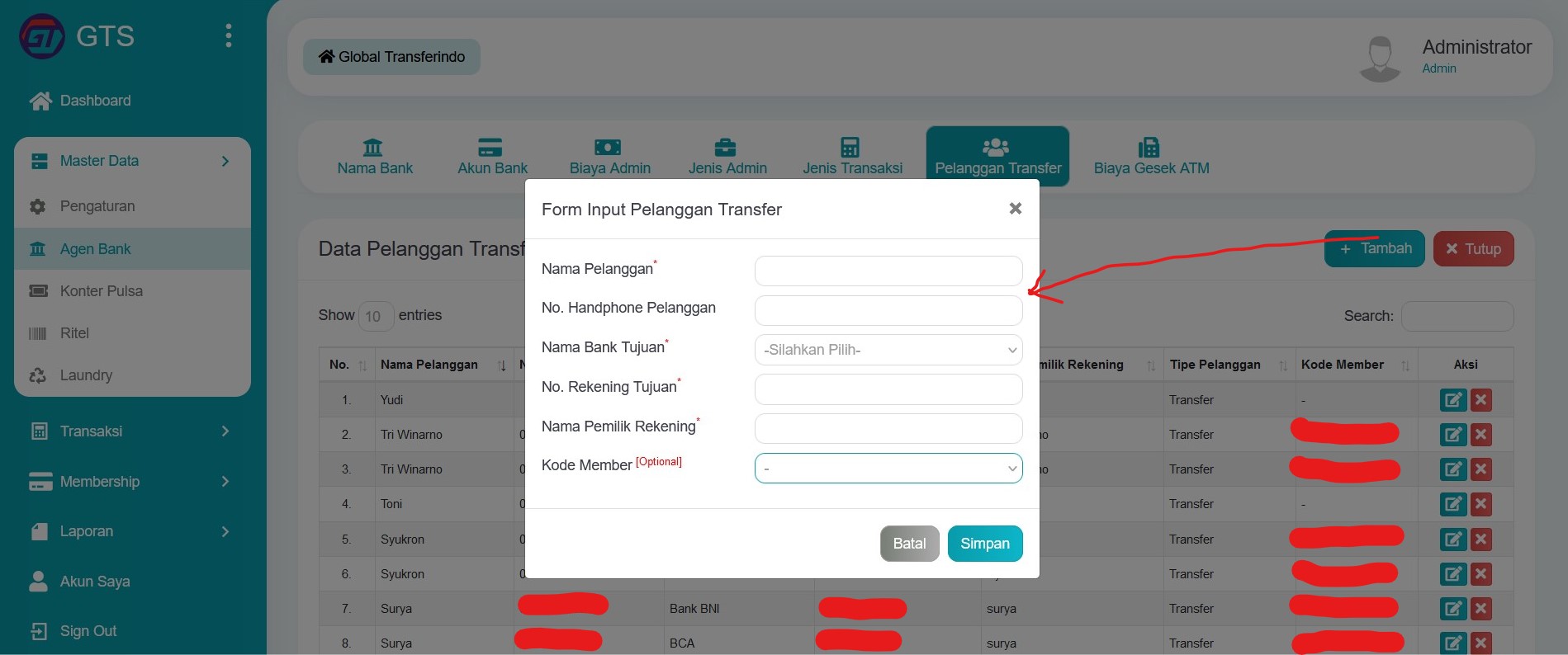 Input data pelanggan transfer