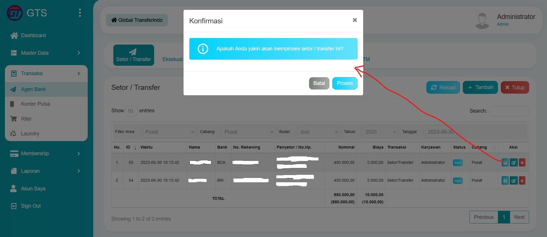 Proses transaksi setor atau transfer