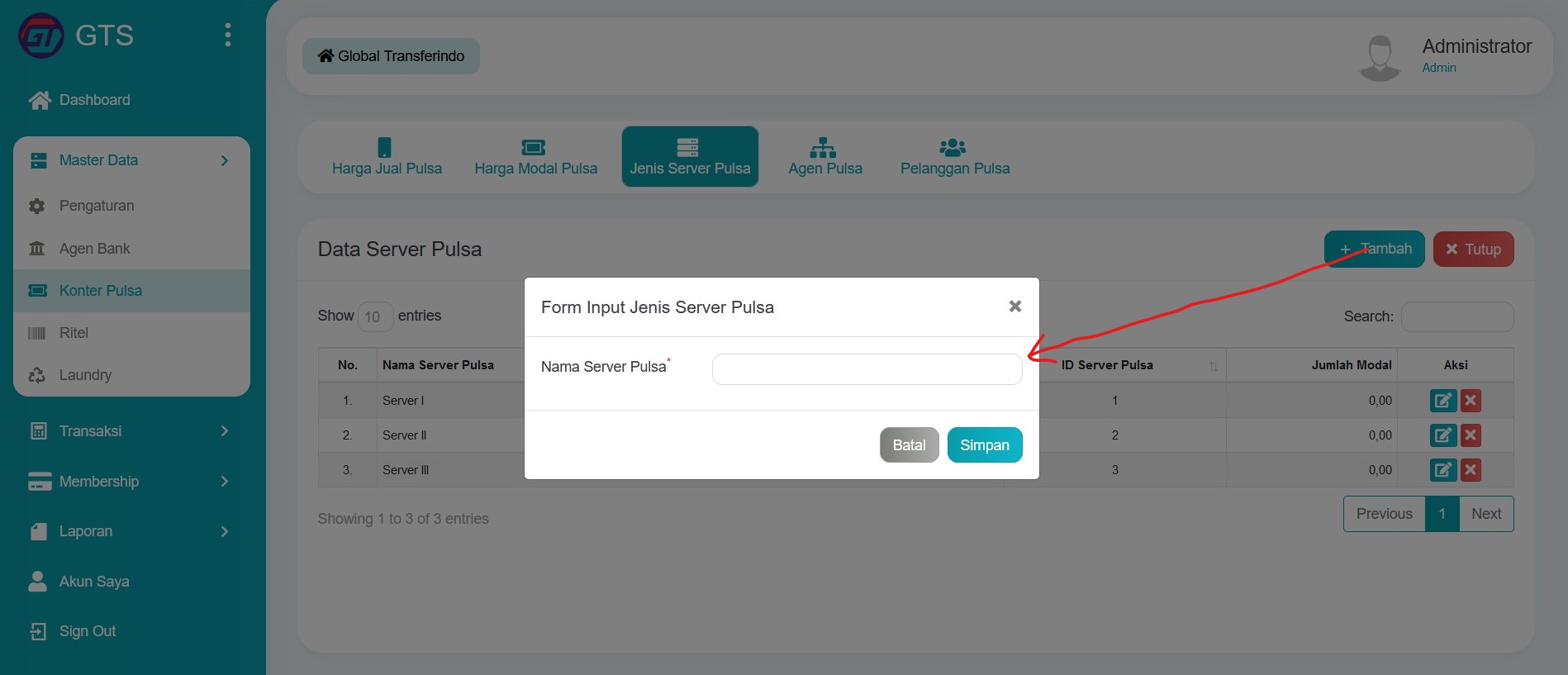 Input data jenis server pulsa