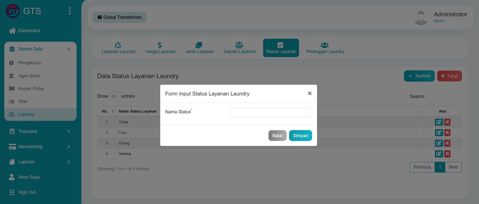 Input status layanan laundry