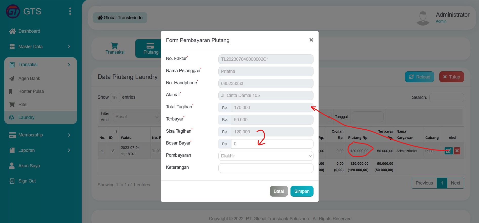 Bayar piutang laundry
