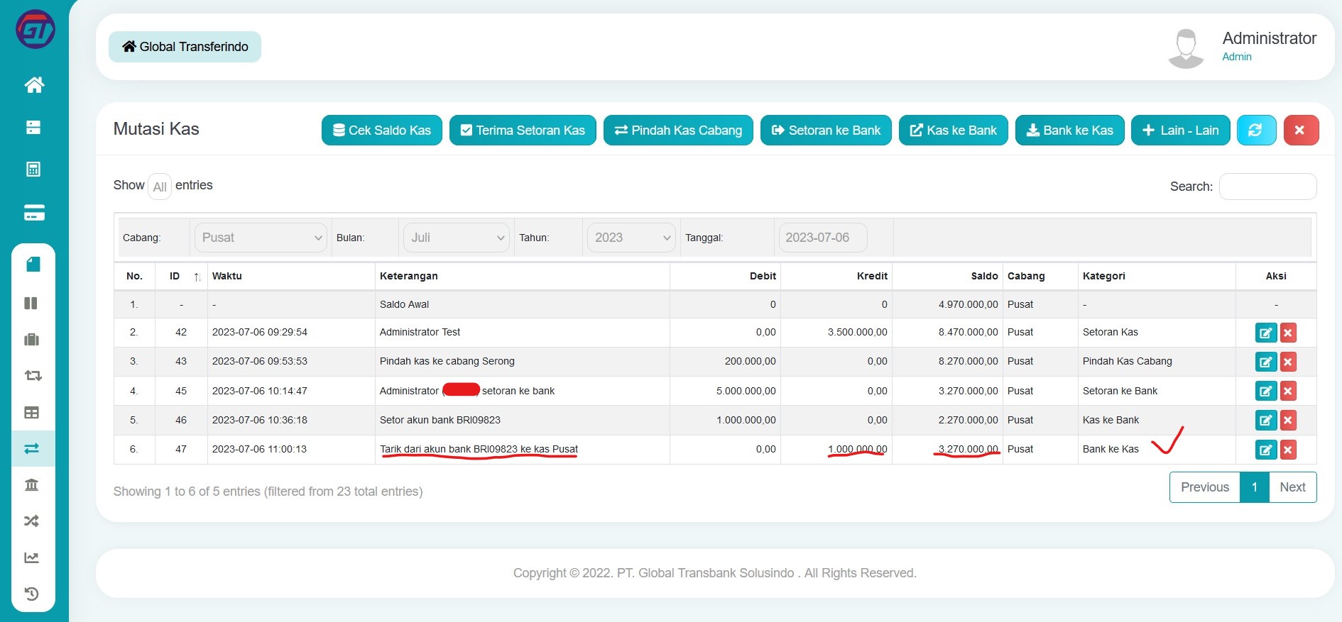 Hasil bank ke kas