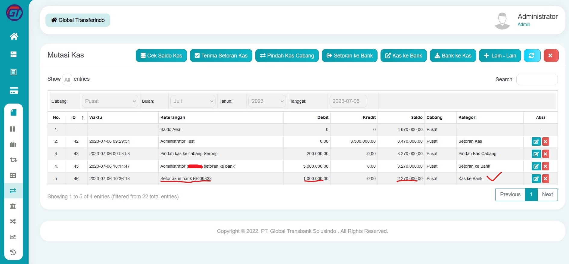 Hasil kas ke bank