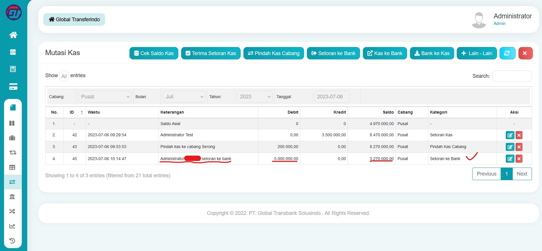 Hasil setoran ke bank