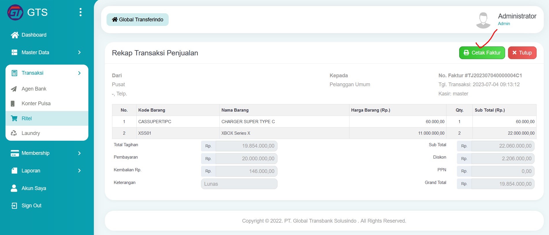 Invoice transaksi penjualan barang