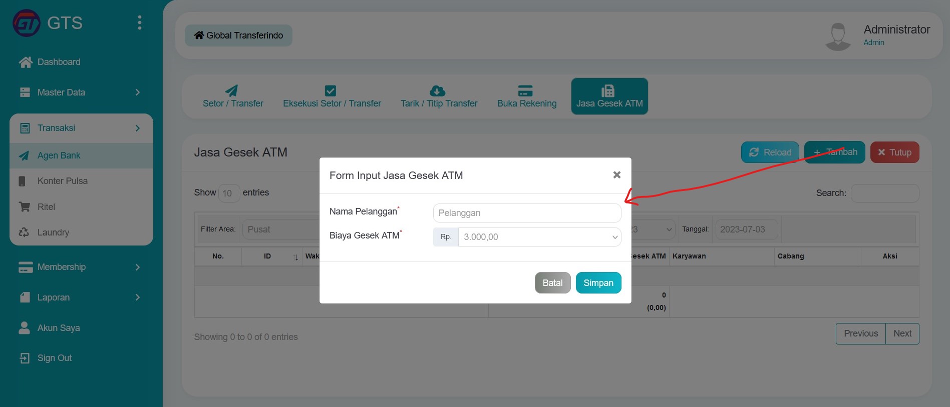Input Transaksi Jasa Gesek ATM