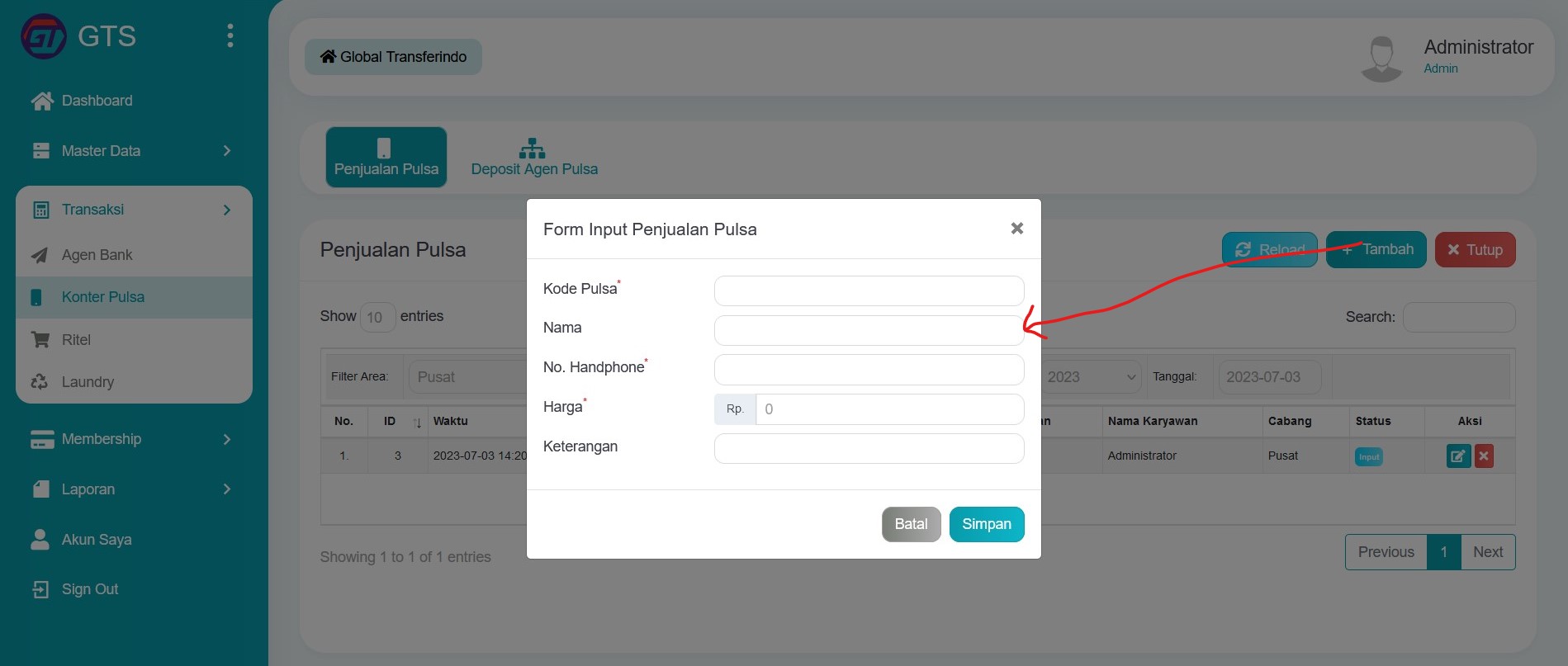 Input penjualan pulsa