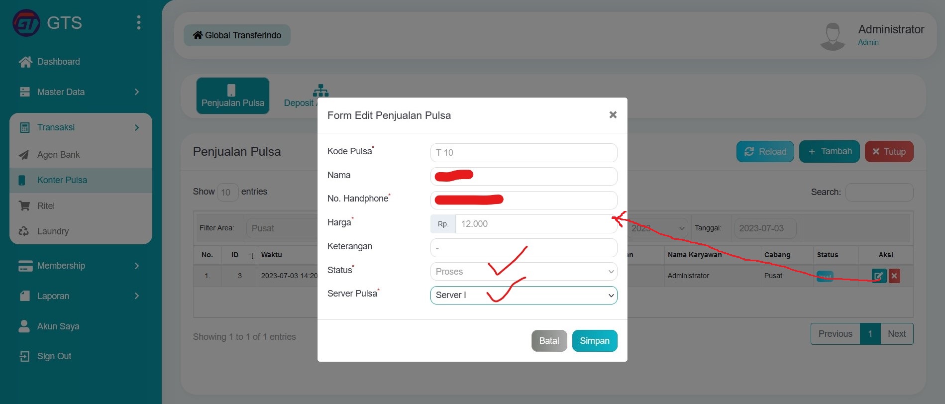 Proses penjualan pulsa