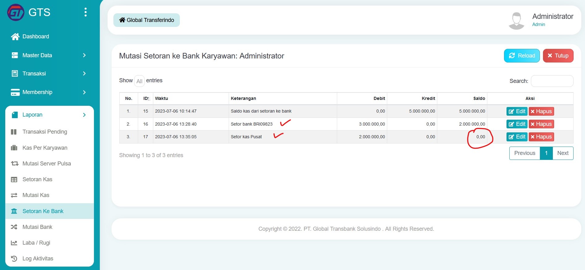Mutasi setoran ke bank