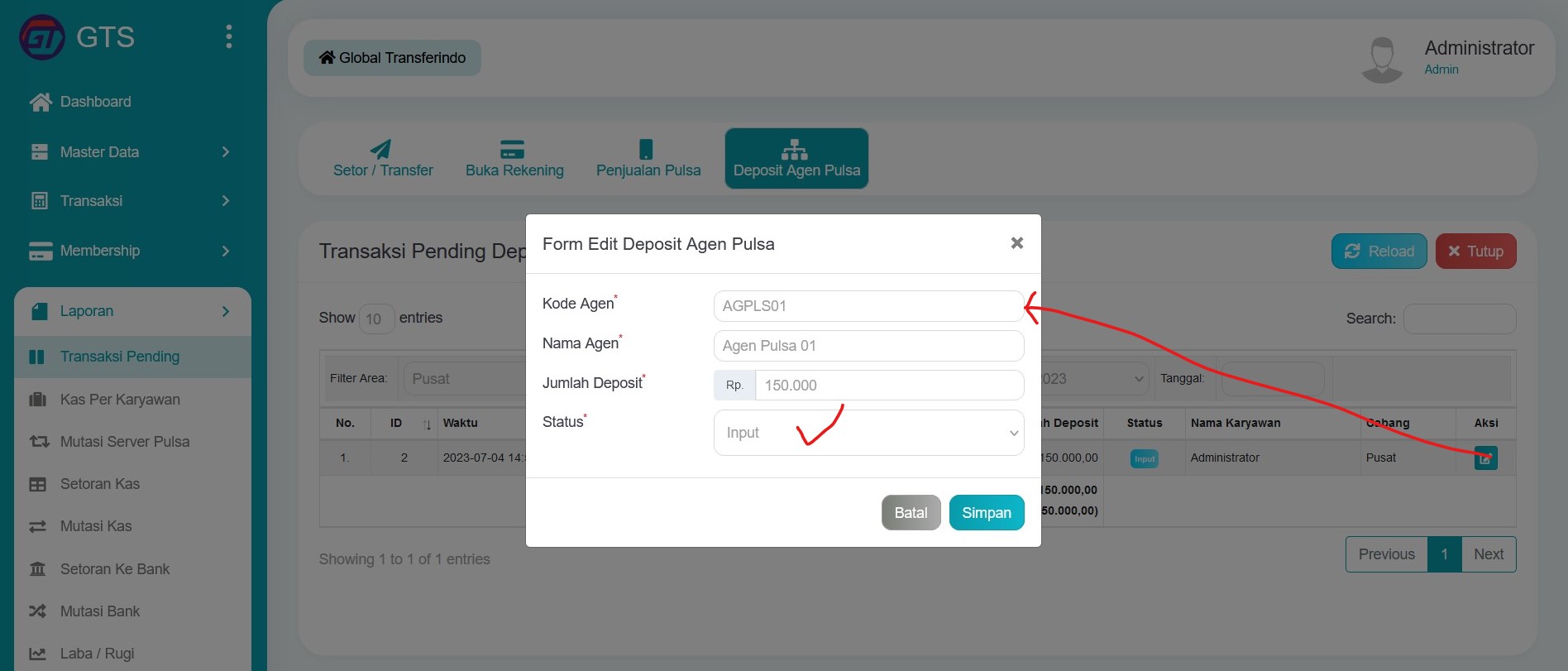 Edit Transaksi Pending Deposit Agen Pulsa