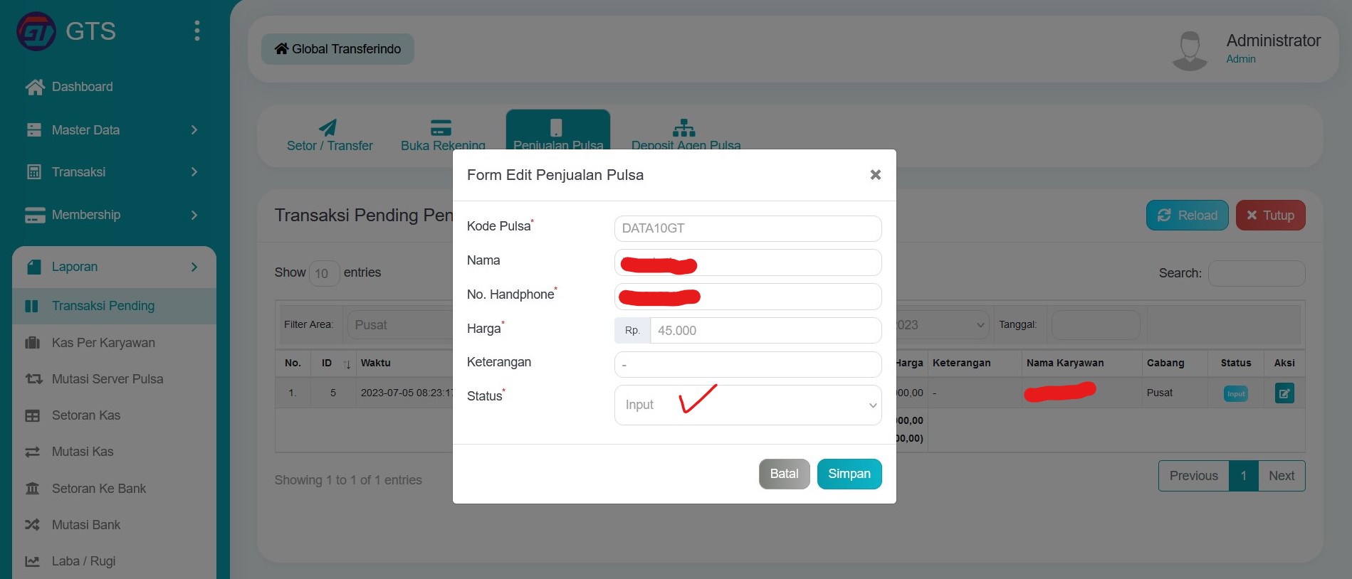 Edit pending penjualan pulsa