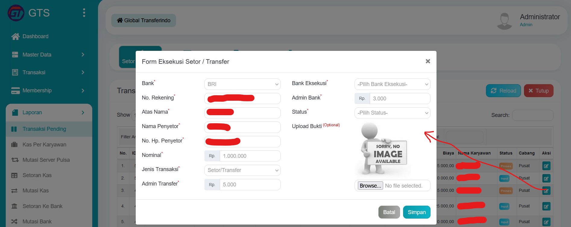 Edit transaksi pending setor atau transfer
