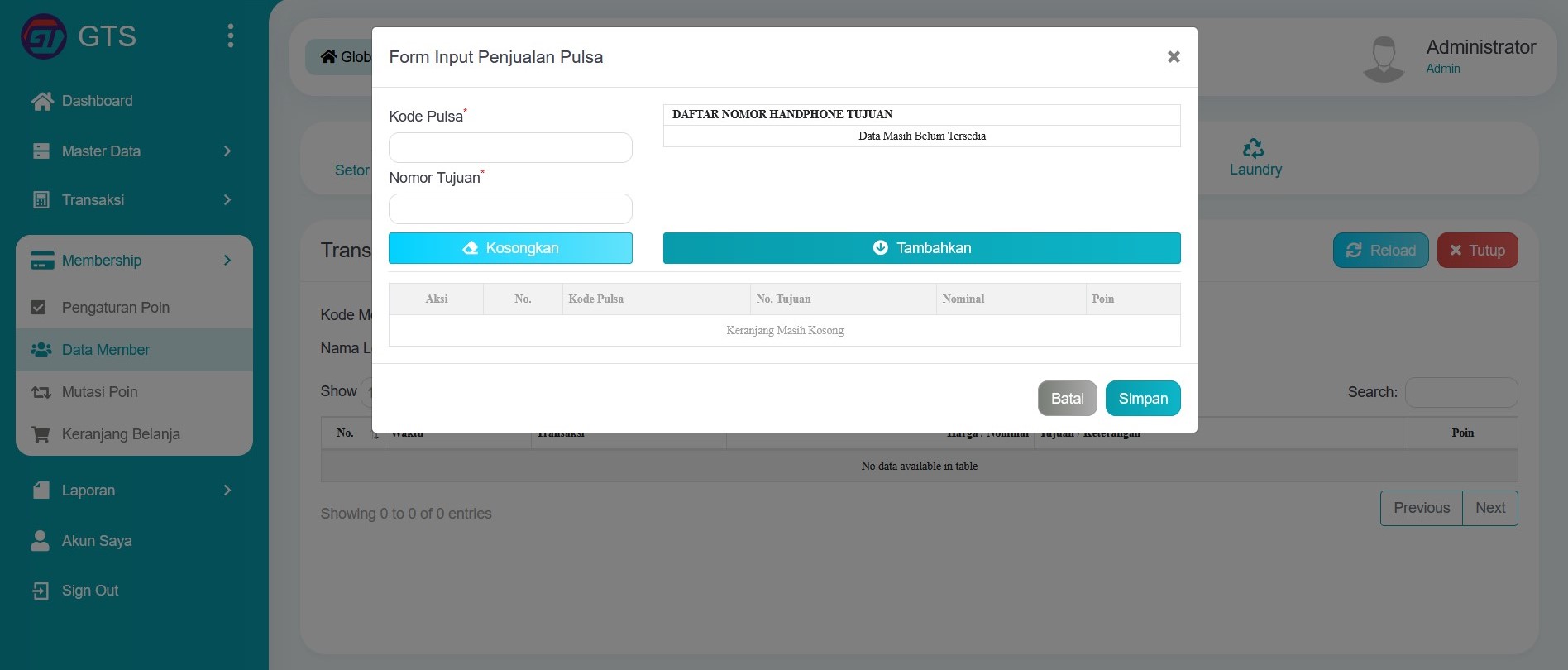 Transaksi member penjualan pulsa
