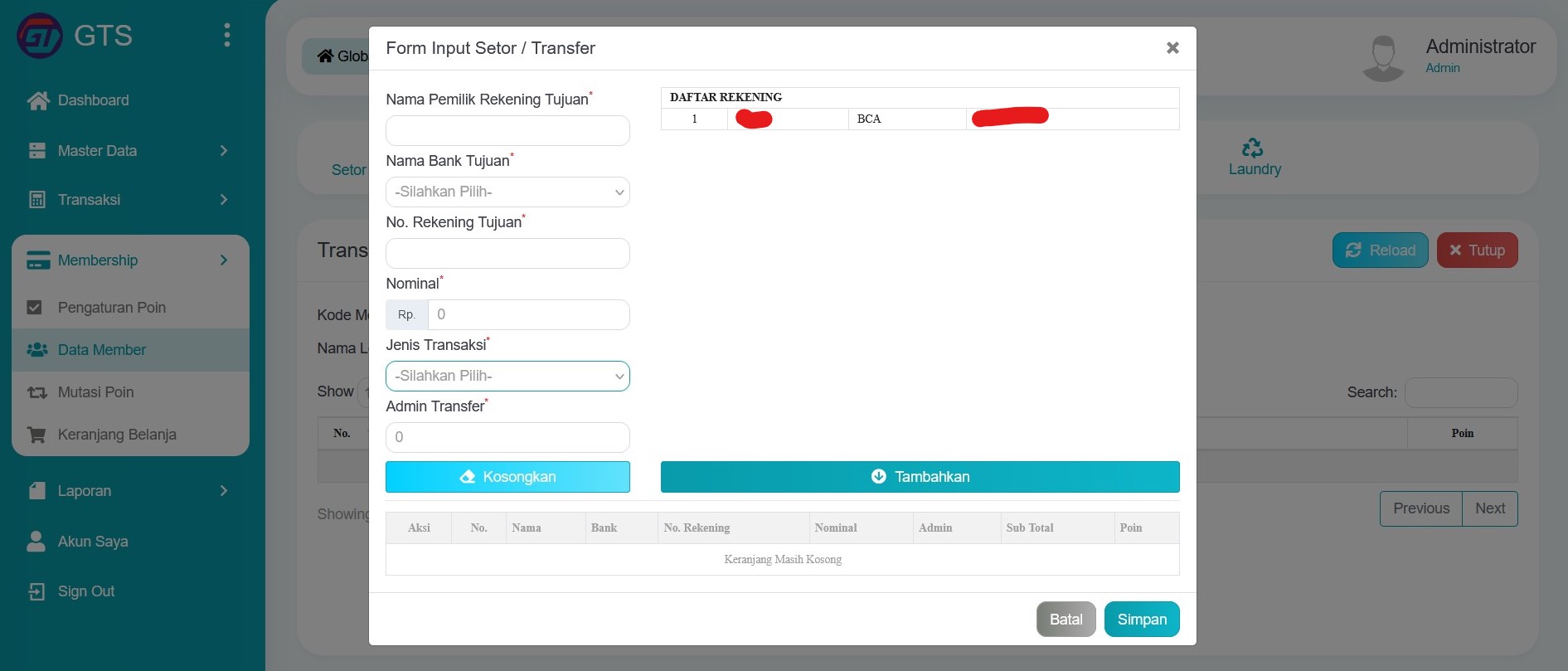 Transaksi member setor / transfer