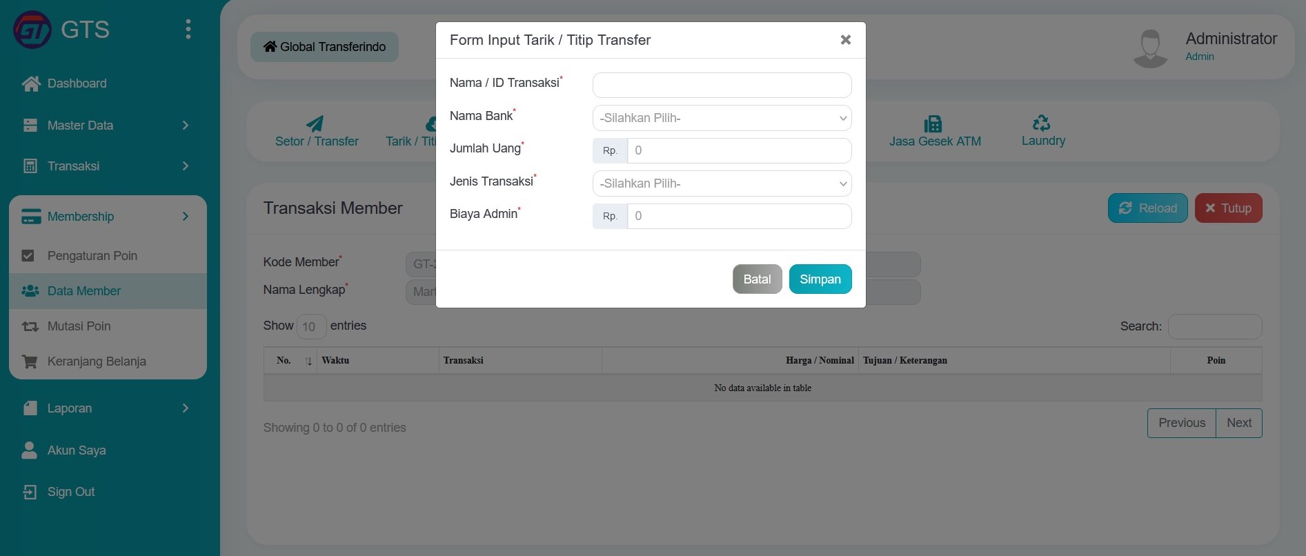 Transaksi member tarik / titip transfer