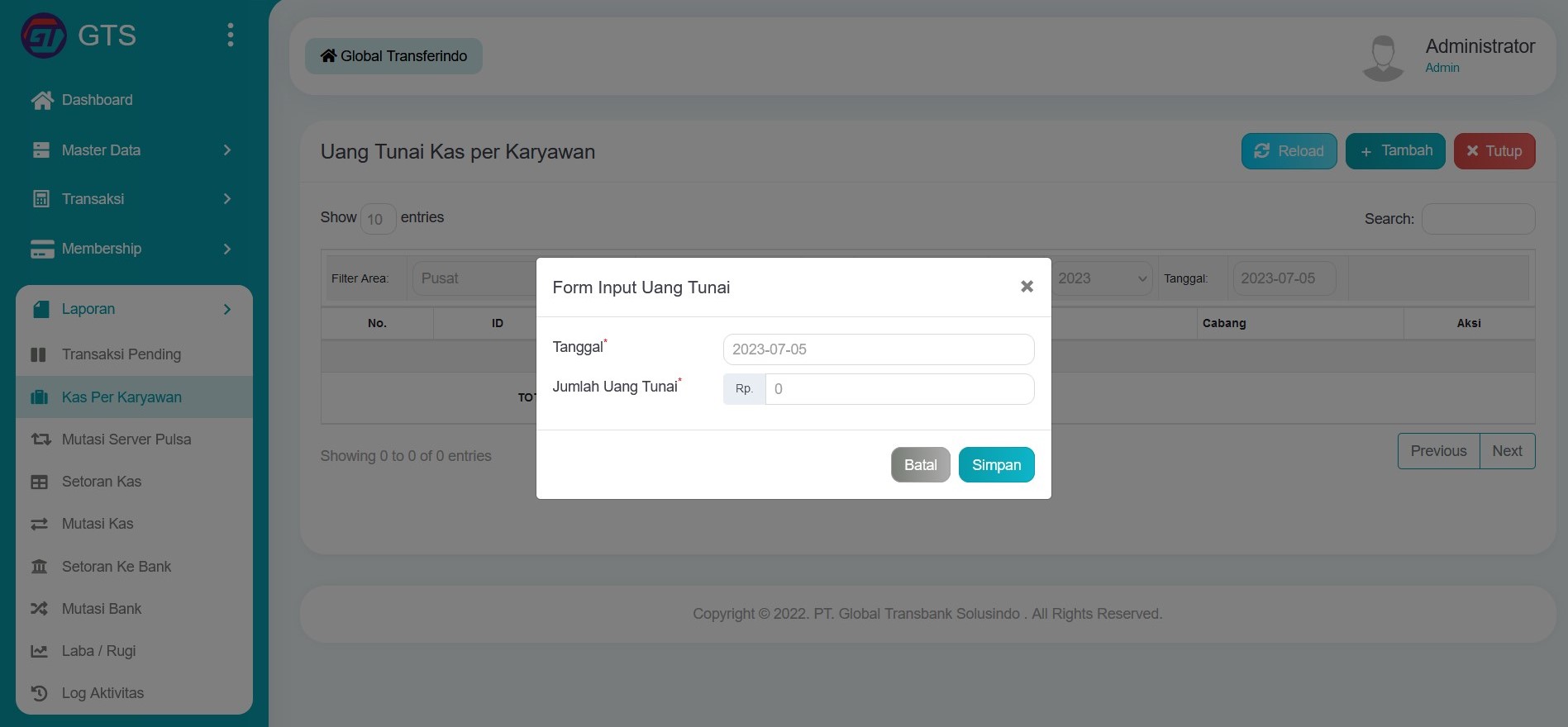 Uang tunai kas per karyawan